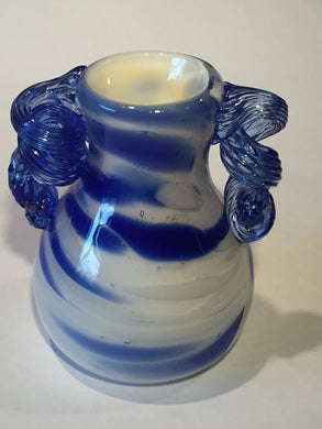 VASE-BLUE WITH WHITE,CURLED HANDLES