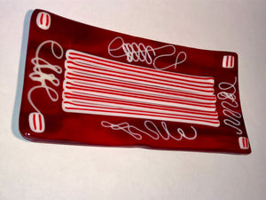 LONG PLATE= RED WITH STRIPS AND SWIRLS